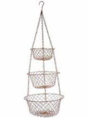 3 TIER RED BRASS/PINK COLLAPSIBLE HANGING FRUIT BASKET VINTAGE